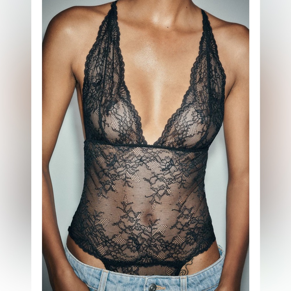 ZARA semi sheer black lace bodysuit, thong NWT